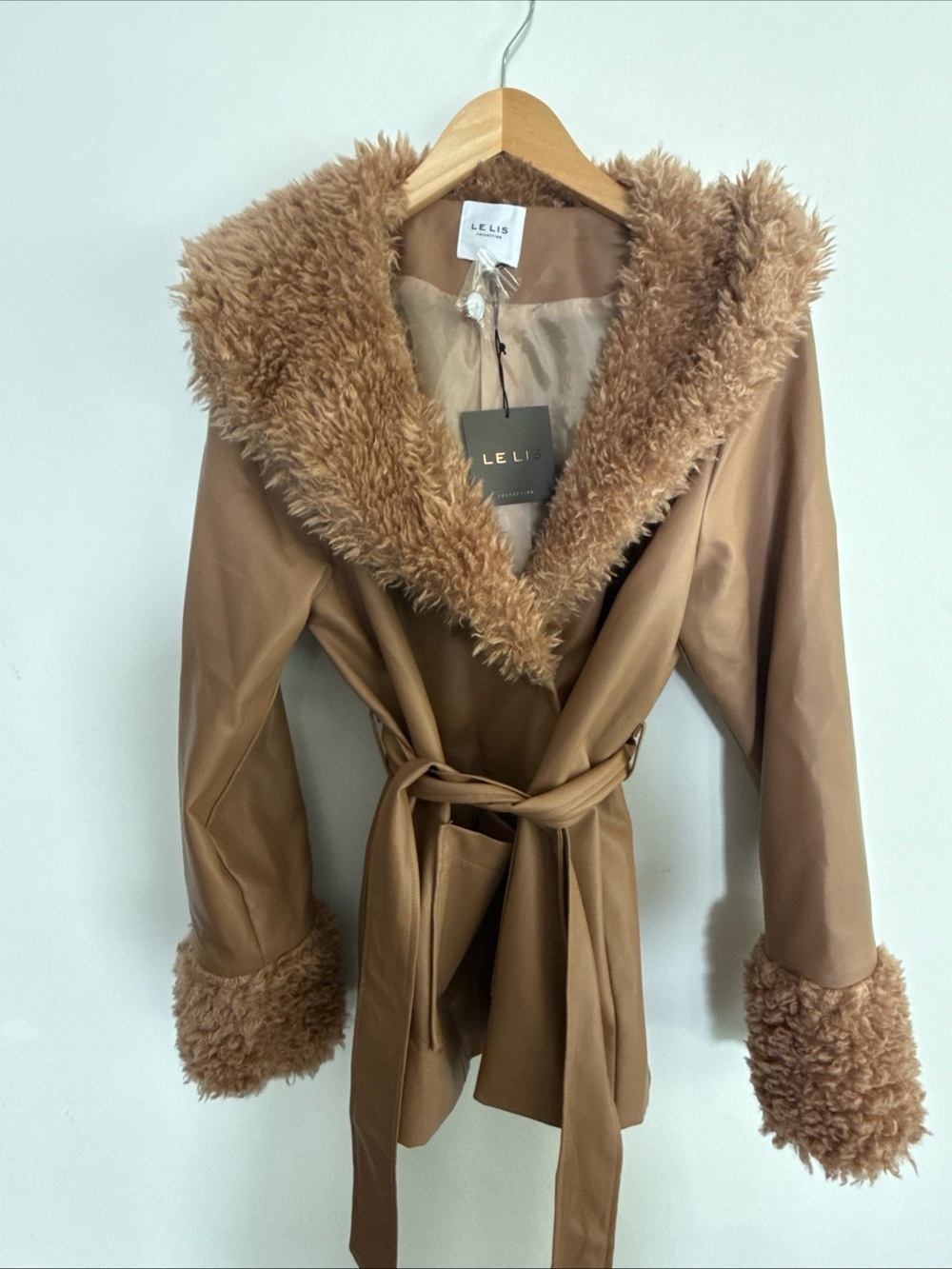 Le Lis Tan Faux-Leather Teddy Trim Hooded Wrap Jacket